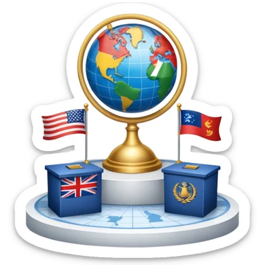 An icon featuring a podium with a speaker, national flags, and voting ballots, symbolizing political science. The design includes a globe and scales of justice in the background, representing governance, global affairs, and political theory. Transparent background emphasizes civic engagement sticker