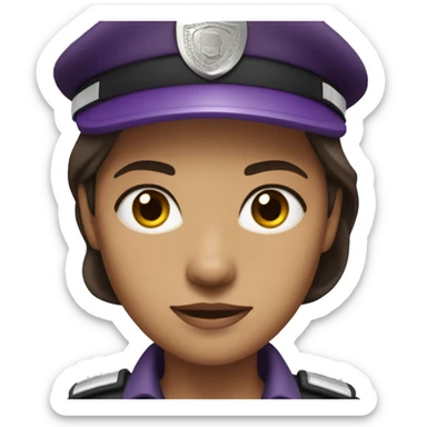 Security guard, woman, dark hair, light brown skin, purple hair, no hat sticker
