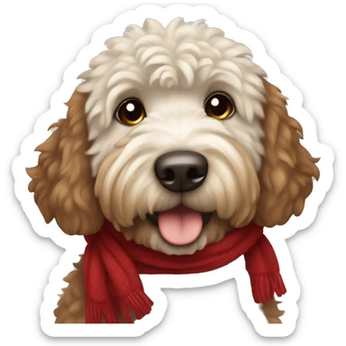 A dark brown and white furry golden doodle in a red scarf sticker