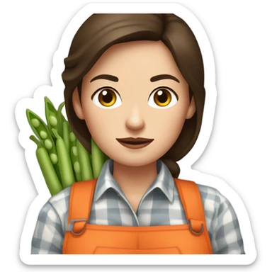 farmer brunette white woman with bunch of peas and carrots in her hands from the garden with gloves on, frowning sticker
