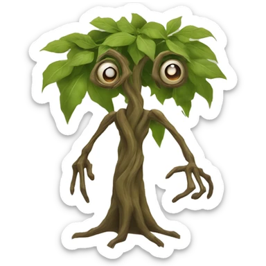 bowtruckle: tree magical beast with long sharp fingers (two on each hand), brown eyes, and a general appearance of a flat-faced stick figure made of bark and twigs sticker