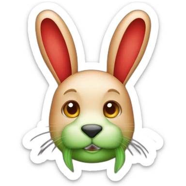 a red rabbit with green ears and a big nose sticker