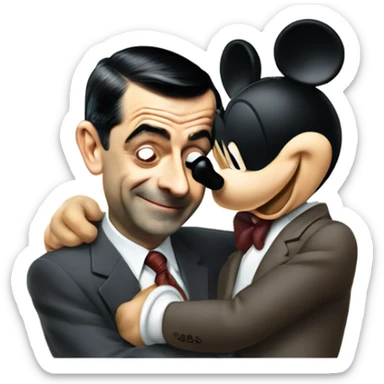 mr bean hugging with mickey mouse sticker