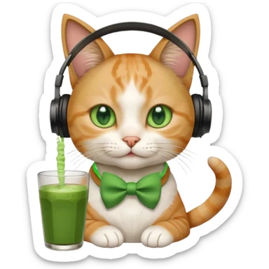 A cat wearing headphones with a glass of matcha, a bow on his ear sticker