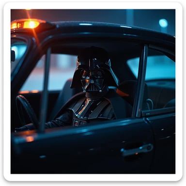 Cinematic shot of a Darth vader sitting in porsche 911, blue and orange lights  sticker