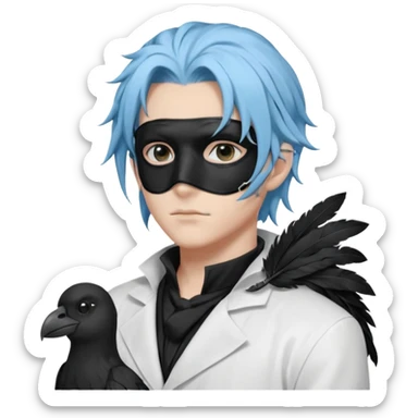 Handsome sexy adult anime man with light-blue hair and a black bird beak mask that covers whole face, black face mask, black mouth mask, black feathers draped over shoulder, wearing a white lab coat, long thin hair tendrils on the sides sticker