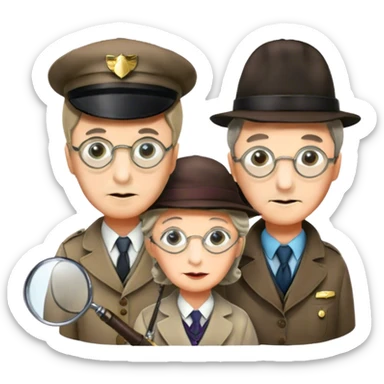 Icon for Detective Movies: A colorful collage with Sherlock Holmes, Miss Marple, and Pinkerton. Include magnifying glasses, clues, detective tools, a criminal and a policeman in the background. The design should evoke mystery and intrigue, with a classic detective movie feel. Transparent background. sticker