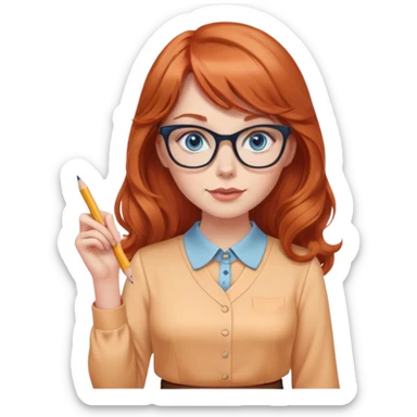 redheaded woman with long wavy hair and bangs, blue eyes, cat-eye glasses, wearing a pencil skirt and apricot blouse, holding a pencil sticker