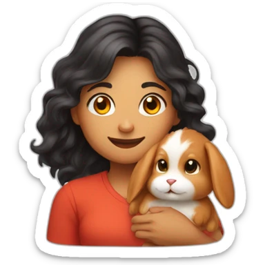 woman with brown neyes and long wavy black hair in a red shirt is holding a very fluffy orange rabbit sticker