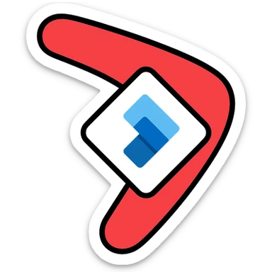 boomerang icon with Power Pages logo in the center, playful, red and white, outlined color style sticker