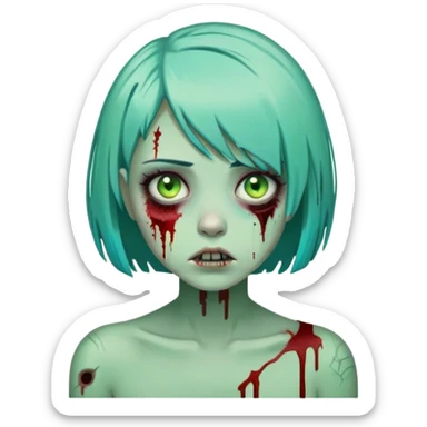 cartoon zombie girl with short turquoise hair bob cut, green decaying skin, bloody scars sticker