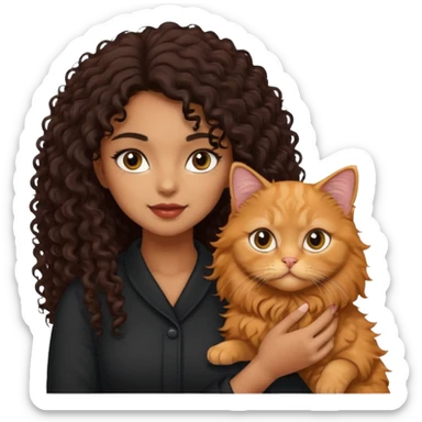 a brown/tan girl with black curly hair holding a ginger Persian cat with long fur sticker
