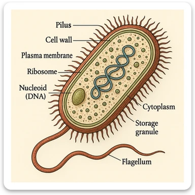 detailed educational style bacteria with visible cell organelles, scientific illustration sticker