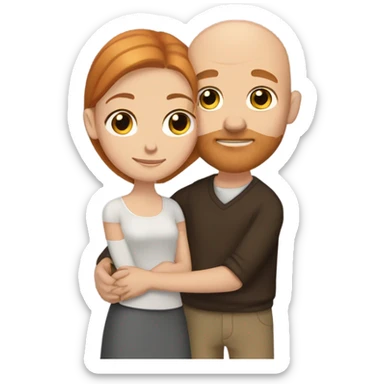 Bald white guy with ginger bread and dark brown eyes and girl with long dark brown hair and dark brown eyes hugging tightly  sticker