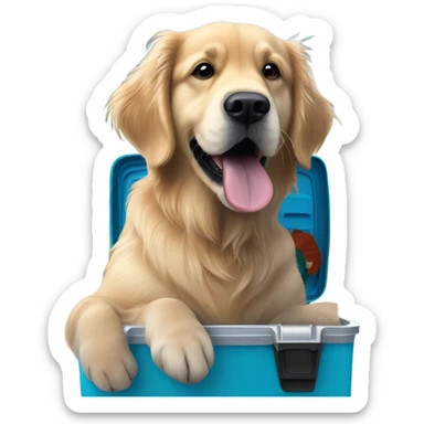 Golden retriever sitting on large blue yeti cooler  sticker
