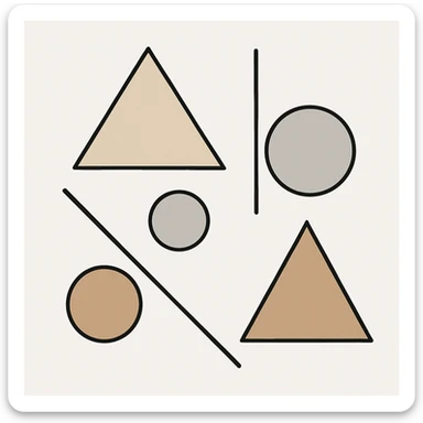 minimalist abstract composition with simple geometric forms including lines, triangles, and circles, neutral muted colors such as sand, light brown, soft gray, on a white background, no frame, no shadows, no decor, modern and elegant sticker