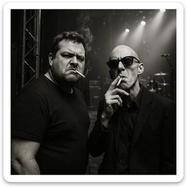 Par de personas que trabajan en la industria musical (hombre robusto de 40 años y otro hombre flaco calvo y con lentes de sol), parados conversando en el backstage de un concierto, con aires de superioridad, mientras se fuman un cigarro, mientras miran a la cámara (músico) de forma despectiva y burlona sticker