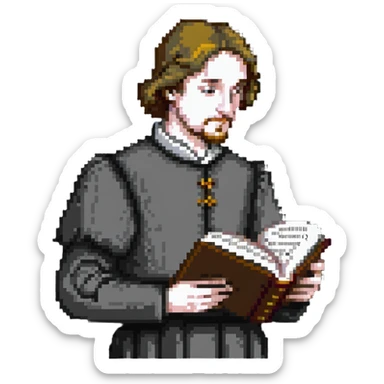 person reading the Canterbury Tales and drinking tea, Geoffrey Chaucer standing behind sticker