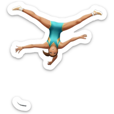 An athletic person soaring high above a trampoline, executing an acrobatic flip with perfect form. The scene captures motion and energy, with a dynamic pose, stretched limbs, and a focused expression. The background suggests a professional trampoline arena with safety padding. sticker