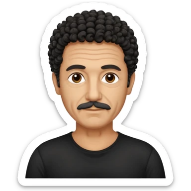 60 year old Greek man with short black curly hair that sticks up and has a black shirt sticker