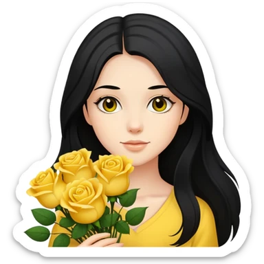 Beautiful girl with long black hair holding a bouquet of yellow roses sticker