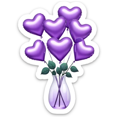 "A cluster of metallic heart-shaped balloons in varying shades of purple, floating beside a sleek glass vase filled with matching roses."
 sticker