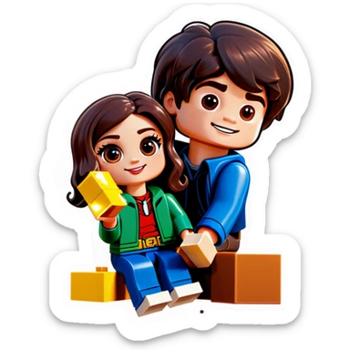 A handsome young man with dark hair, a little heavy sits with his girlfriend with cascading, dark brown hair, flowing down her face as they sit together playing Legos sticker