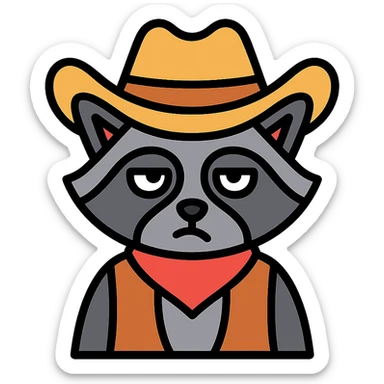 raccoon dressed as a cowboy, rolling his eyes, color outline icon sticker