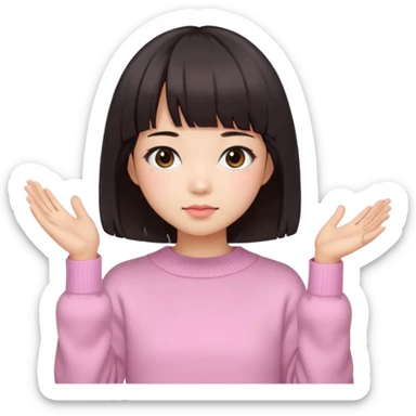 a asian japanese girl with a dark brown bob with curtain bangs, wearing a pastel pink wintery sweater sticker