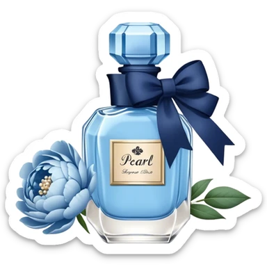 pearl blue vintage style perfume bottle and navy colored peonies and a powder blue bow sticker