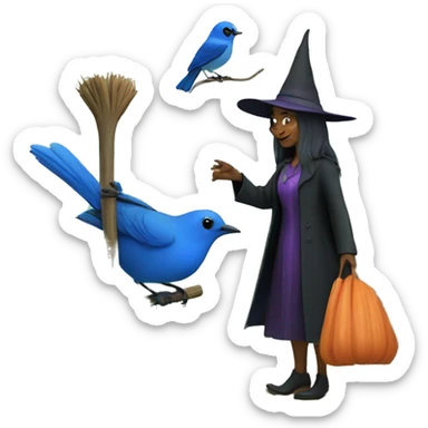 Witch and a bluebird in a garden  sticker