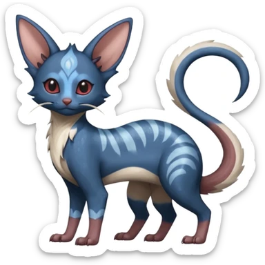 Dark Brown-Oily deep-blue-glittery Minccino-Lykoi-Emolga-Sphynx-Linoone-Zangoose-fusion-hybrid-animal-Fakémon-creature, full body, thin long sleek scaly tail, intricate markings sticker