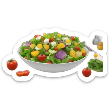 Transform into an animated, colorful salad with a variety of glowing, levitating ingredients in a modern kitchen setting. sticker