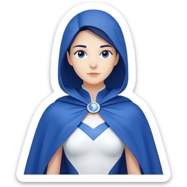 Close-up of a woman in a modern, minimalist blue and white costume with a cape. Only blue and white colors used, clean and sleek design sticker