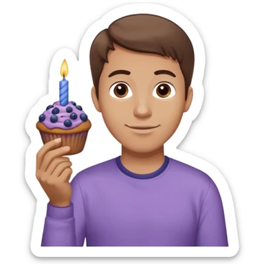 Make a white man with brown hair wearing a shirt that says happy b day Virginia holding a blueberry muffin with a birthday candle in it. Have him holding multiple muffins and no candles in hand. Have him wearing a purple shirt. He should still be a white guy in a light purple shirt sticker