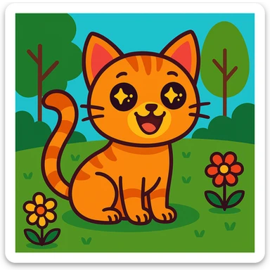 Change the background to a playful park scene with trees and flowers, keeping the cat in the same vibrant cartoon style. sticker