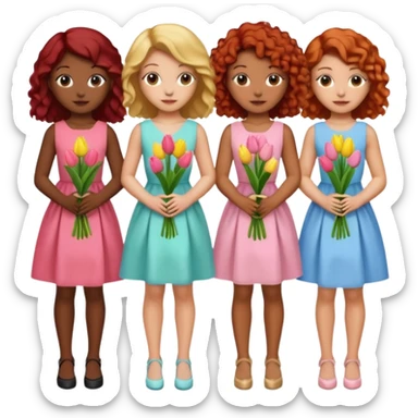 5 girls at a garden party wearing pastel dresses and holding tulips, one is black, one is blond, one has brown hair, one has red hair, one is mixed with curly hair sticker