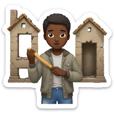 Character brushing dust off themselves as ruins fall behind sticker