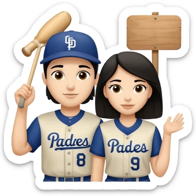 Couple in a game with dark hair but white skin. They are girlfriend and boyfriend. Not sibling. Girl has medium cheeks and dimples on the cheeks. The boy has black hair and prominent eyebrows with egipcian nose. Both are wearing “Los Padres” baseball jerseys and with a sign that says “Go Padres” sticker