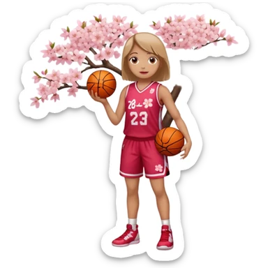 full body basketball girl, April theme cherry blossom energy, wearing a jersey with cherry blossom vibe, holding a basketball sticker