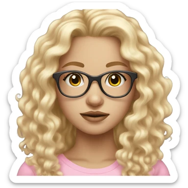 Blonde teen girl with long curly hair and clear glasses and pale skin and pink hued lips sticker