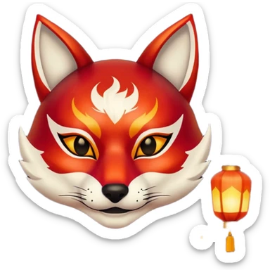 kitsune mask, worn by a festival performer at night, paper lanterns in background, colorful bokeh lights sticker