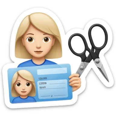 Scissors cutting ID card in 2 parts. Realistic sticker