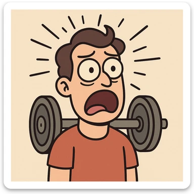 cartoonish head with rays or explosion lines above, hidden barbell or weight plate element, face that looks stunned or in disbelief sticker