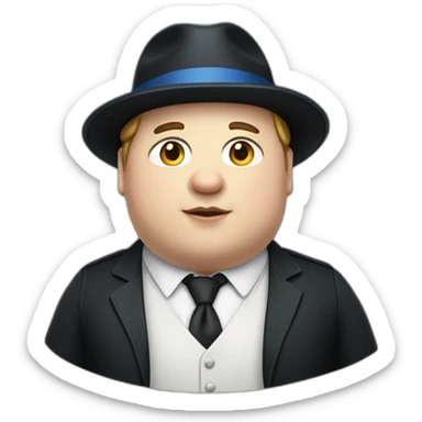 young fat white man wearing a black trilby and a blue waistcoat sticker