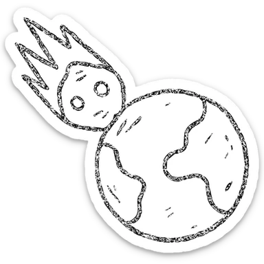 minimalist hand-drawn outlined icon of a meteor and planet, worn distressed effect sticker