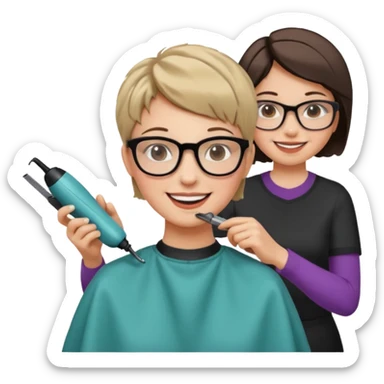 Happy woman with very short hair and glasses having haircut emoji sticker