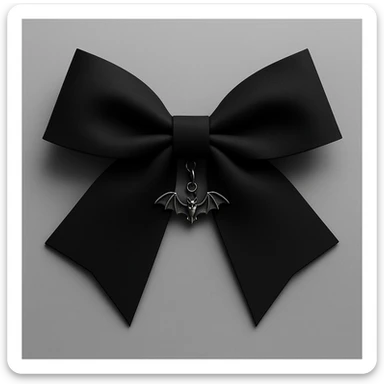 minimalist goth bow, matte black, sharp edges, small silver bat charm, modern dark aesthetic sticker