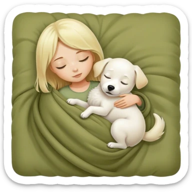 Cute blond girl and white dog sleeping in a olive color blanket sticker