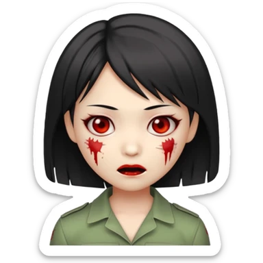 cute Asian zombie girl emoji with Ada Wong hairstyle, pale greenish skin, red eyes, subtle stitches, playful expression sticker